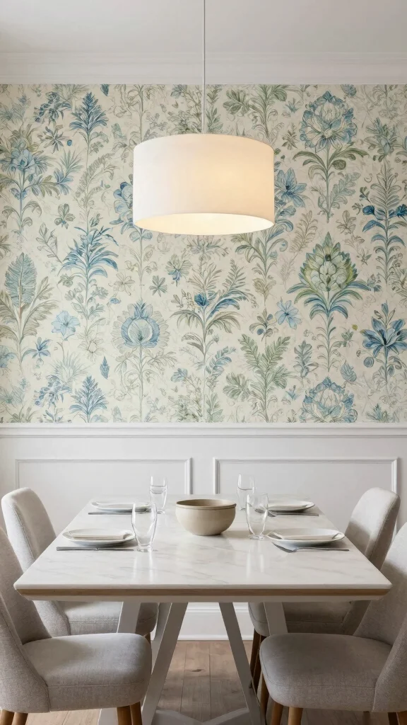 10 Dining Room Wainscoting Ideas for a Classic, Polished Look - 5. Textured Wallpaper Above Wainscoting 1