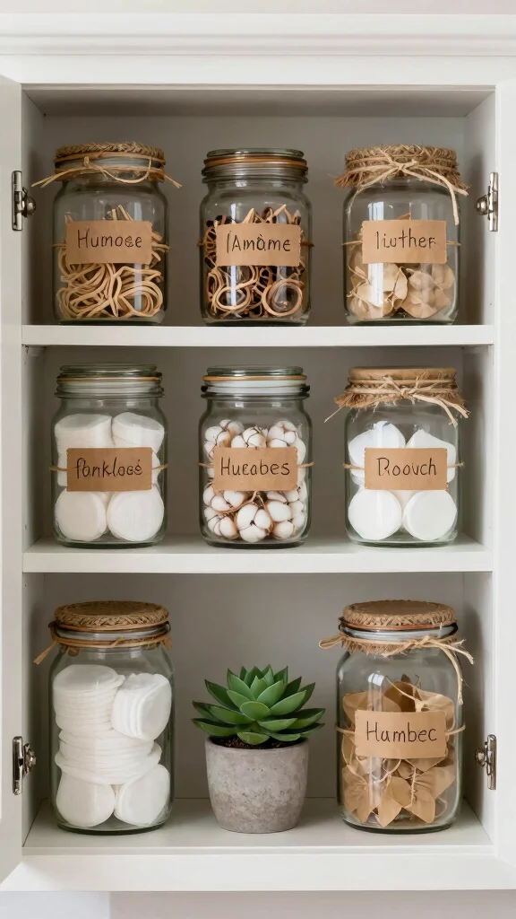 10 Restroom Under-Sink Organization Ideas That Use Every Inch - 3. Upcycled Jars for Small Essentials 1