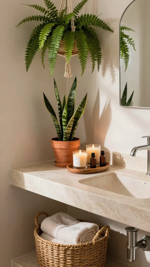 10 Restroom Vanity Decor Ideas That Keep the Counter Looking Styled - 2. Incorporate Natural Elements 1