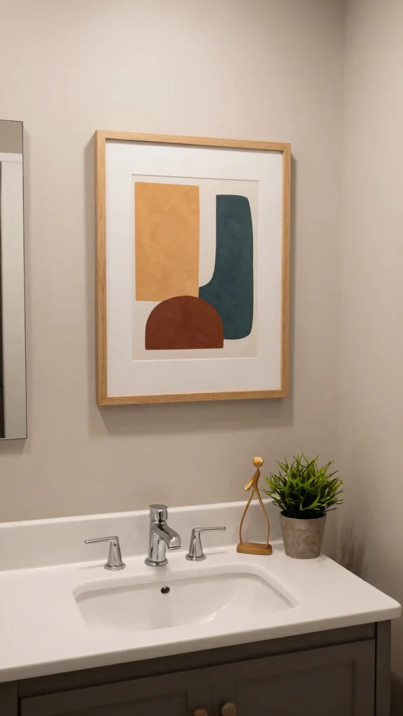 10 Restroom Vanity Decor Ideas That Keep the Counter Looking Styled - 7. Personalize with Art 1