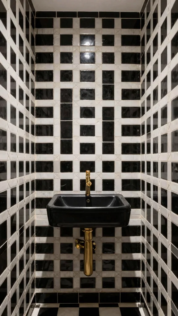 10 Restroom Zellige Tile Ideas for a Textured, Handcrafted Look - 6. Classic Black and White Elegance 1