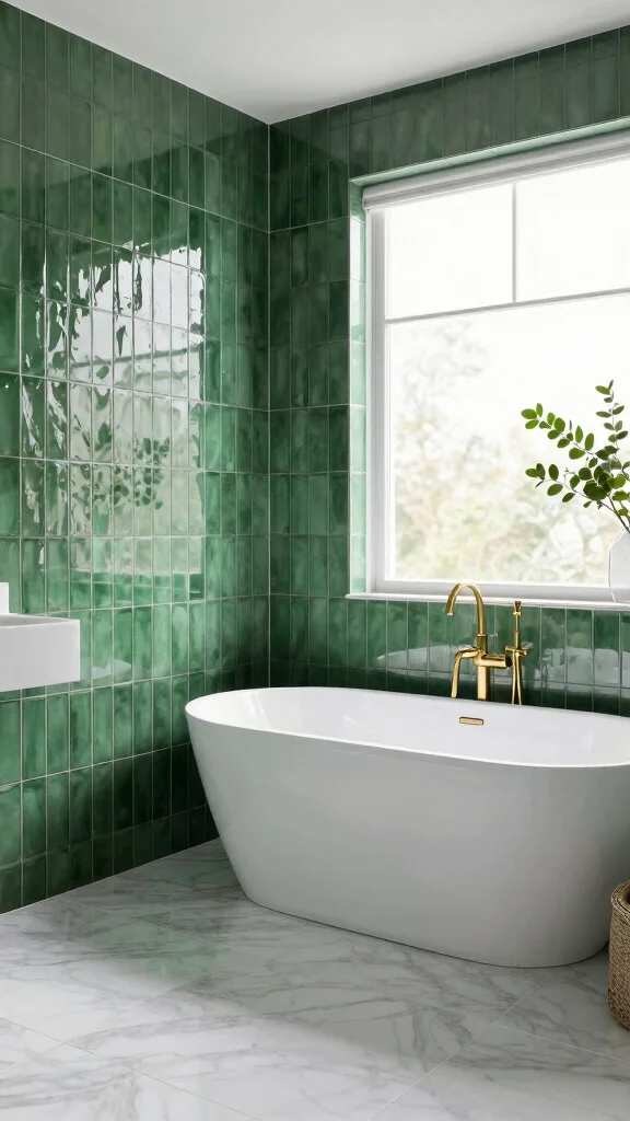 11 Bathroom Green Tile Ideas That Add Color Without Overwhelming - 6. Glossy Glamour 1