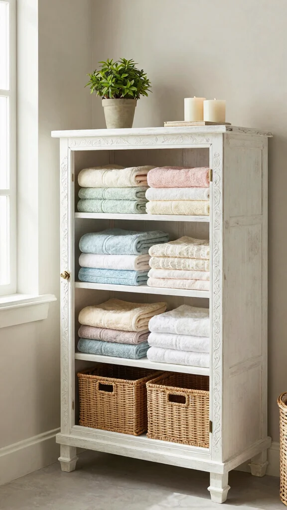11 Bathroom Linen Cabinet Ideas for Extra Storage Done Beautifully - 1. Vintage Charm with Whitewashed Cabinets 1