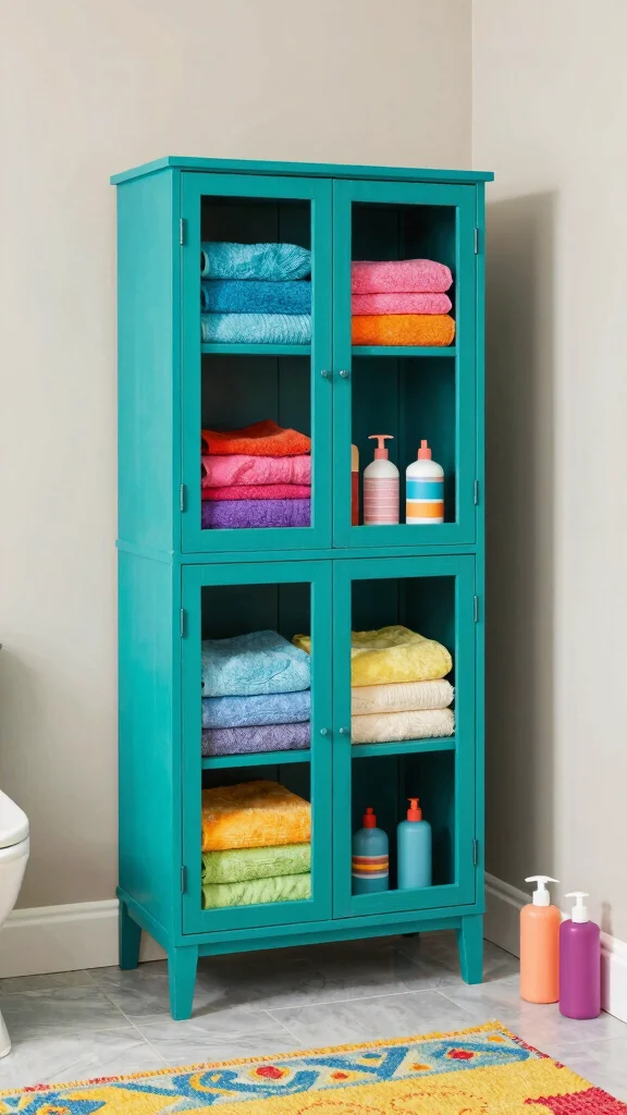 11 Bathroom Linen Cabinet Ideas for Extra Storage Done Beautifully - 6. Colorful Cabinets to Brighten Up Your Space 1