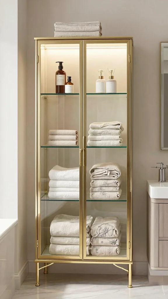 11 Bathroom Linen Cabinet Ideas for Extra Storage Done Beautifully - 7. Elegant Glass Cabinets for a Touch of Glamour 1