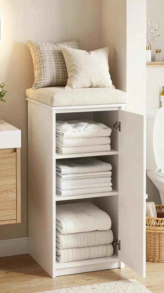 11 Bathroom Linen Cabinet Ideas for Extra Storage Done Beautifully - 8. Multi-Functional Linen Cabinets with Seating 1