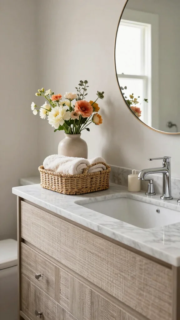 11 Bathroom Vanity Decor Ideas That Make the Counter Look Styled - 2. Layered Textures 1
