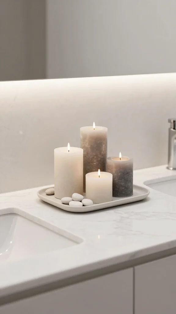 11 Bathroom Vanity Decor Ideas That Make the Counter Look Styled - 3. Minimalist Candle Displays 1