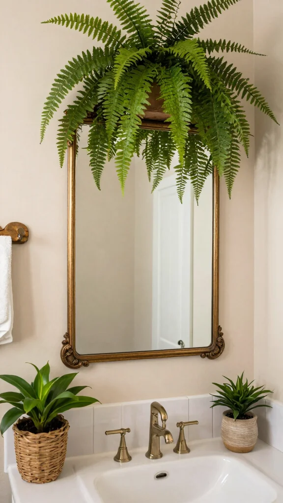 11 Bathroom Vanity Mirror Ideas for a Finished, Polished Look - 10. Vintage Framed Mirrors with a Touch of Greenery 1