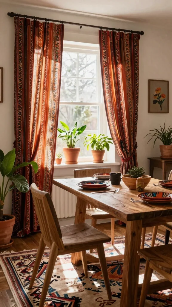 11 Dining Room Curtain Ideas for Softness, Privacy, and Style - 3. Cozy Bohemian Textiles 1