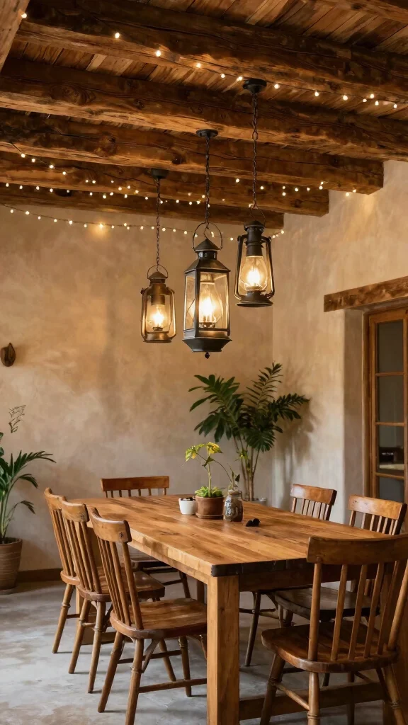 11 Dining Room Light Fixture Ideas Over the Table for the Perfect Glow - 5. Rustic Wooden Beams with Hanging Lanterns 1