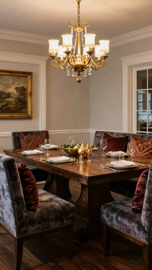 11 Dining Room Table With Bench Ideas for a Casual, Cozy Feel - 10. Luxurious Farmhouse with Textured Fabrics 1