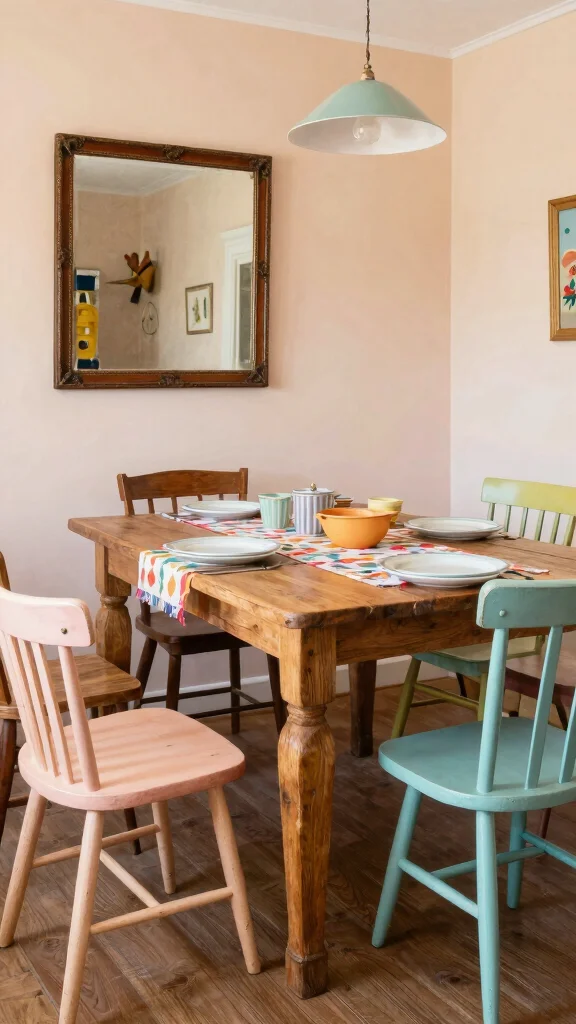 11 Dining Room Table With Bench Ideas for a Casual, Cozy Feel - 3. Vintage Charm with Mismatched Seating 1