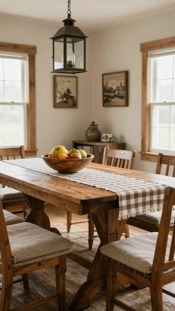 11 Dining Room Table With Bench Ideas for a Casual, Cozy Feel - 4. Farmhouse Flair with Classic Check Patterns 1