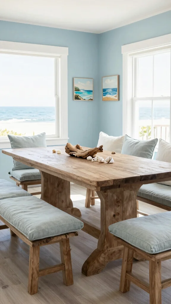 11 Dining Room Table With Bench Ideas for a Casual, Cozy Feel - 5. Bright and Airy Coastal Style 1