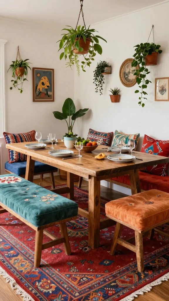 11 Dining Room Table With Bench Ideas for a Casual, Cozy Feel - 6. Bohemian Vibes with Layered Textures 1