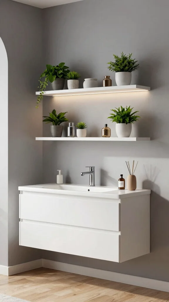 11 Floating Vanity Bathroom Concepts for a Clean, Modern Space - 8. Floating Shelves and Vanities Combo 1