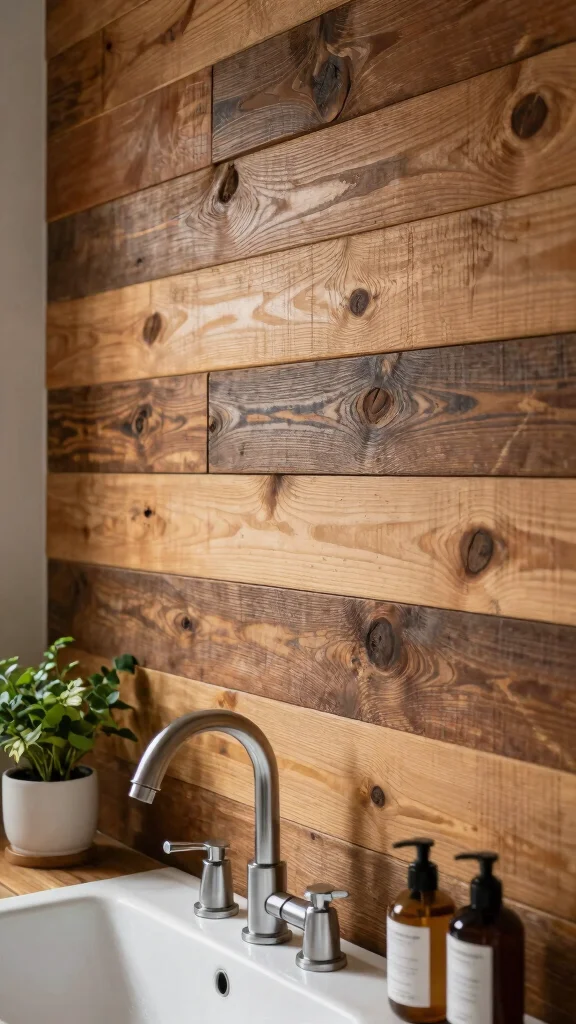 11 Restroom Backsplash Ideas for a Fresh, Custom Look - 1. Reclaimed Wood Backsplash: Rustic Charm 1