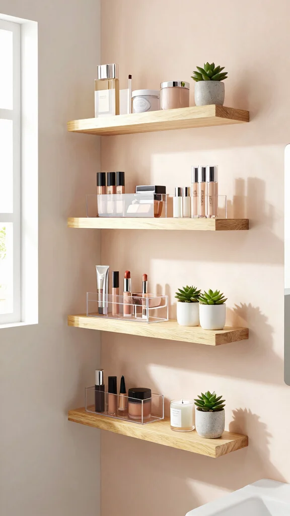 11 Restroom Makeup Vanity Ideas for a Functional Beauty Space - 1. Floating Shelves for Makeup Display 1