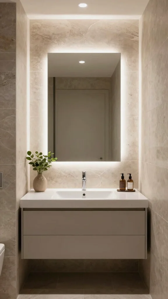 11 Restroom Vanity Mirror Ideas for a More Polished Space - 6. Backlit Mirrors for Ambient Lighting 1