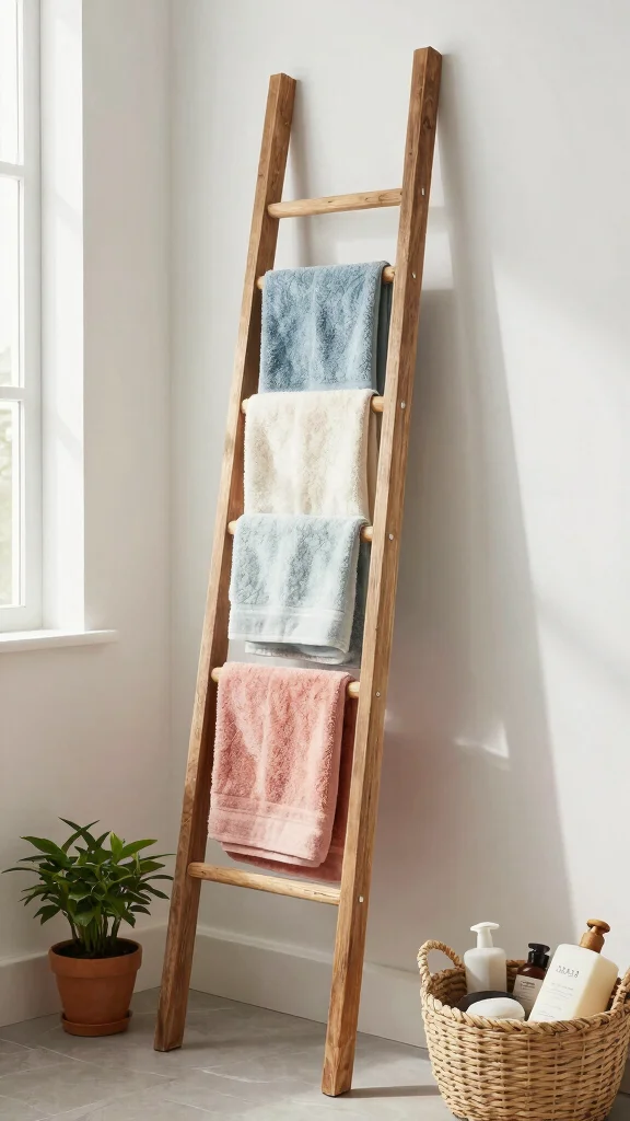 12 Bathroom Towel Storage Ideas That Keep Things Tidy and Accessible - 1. Use Wooden Ladder Racks 1