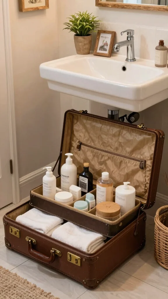 12 Bathroom Under Sink Cabinet Ideas That Maximize Every Inch - 9. Vintage Suitcases as Storage 1