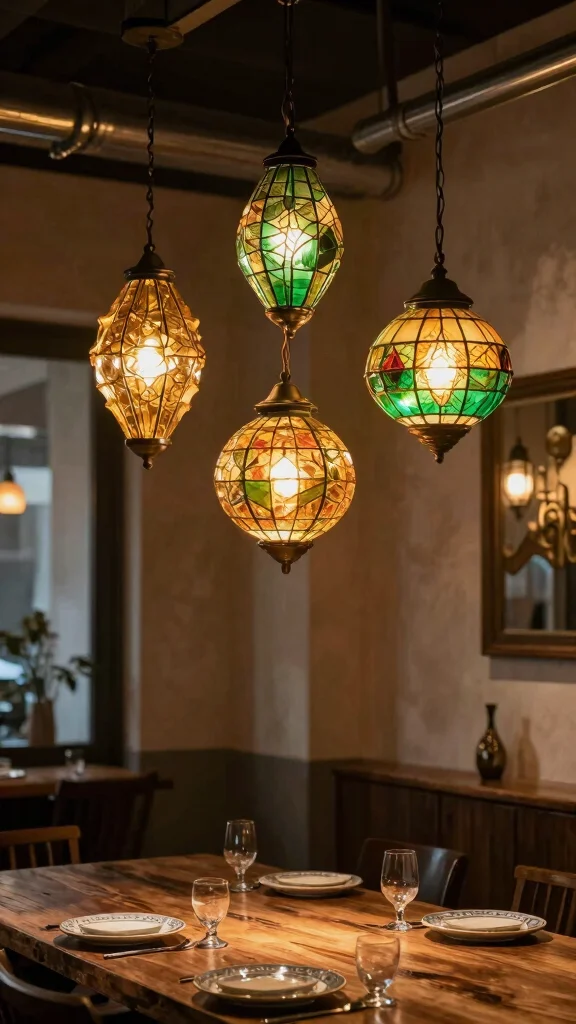 12 Dining Room Lighting Ideas Over the Table That Set the Mood - 9. Colored Glass Fixtures 1