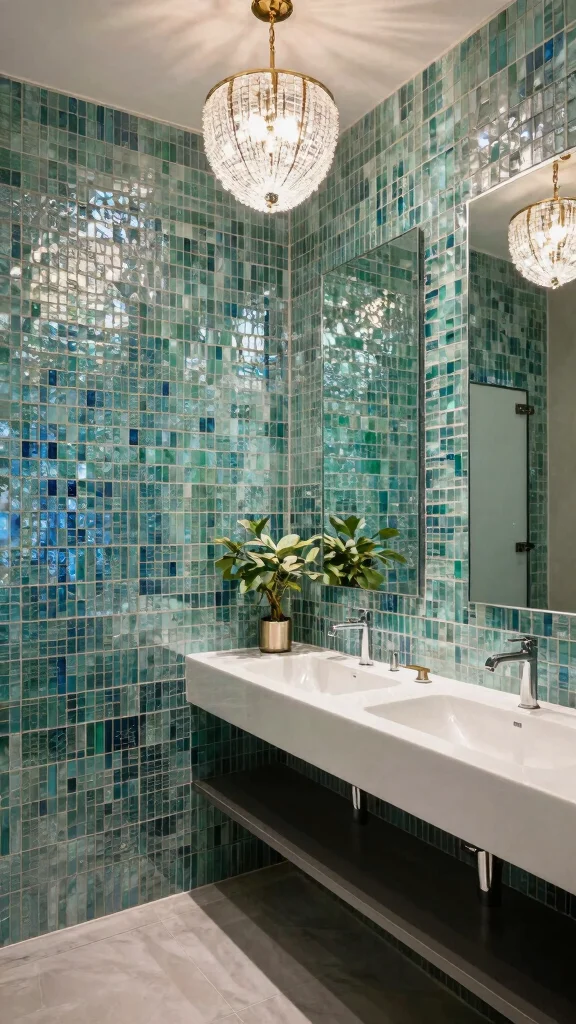 12 Restroom Tile Design Ideas From Bold Patterns to Clean Neutrals - 10. Glass Tiles for a Touch of Luxury 1