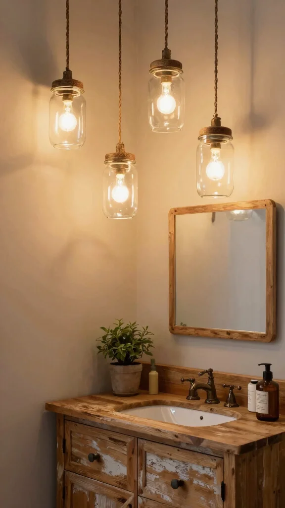 12 Restroom Vanity Light Ideas That Flatter Without the Glare - 3. Rustic Mason Jar Lights 1