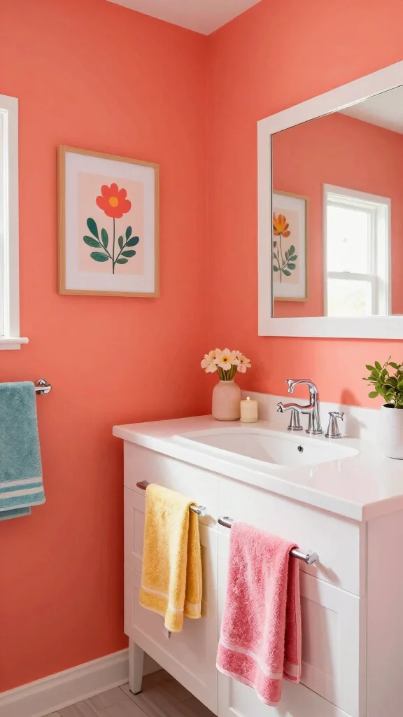 13 Bathroom Paint Colors That Make Any Size Room Feel Better - 5. Vibrant Corals for a Fun Pop of Color 1