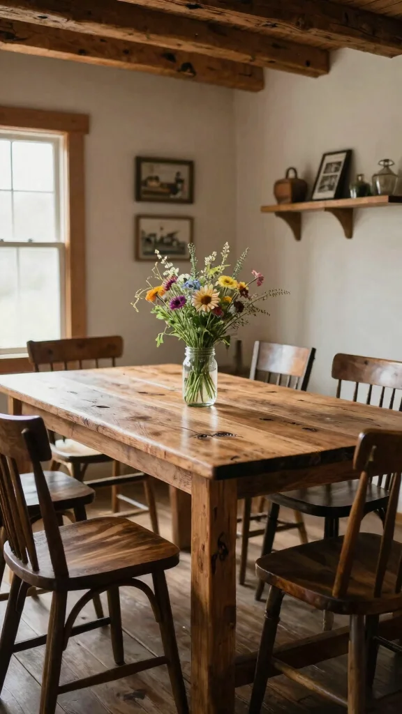13 Farmhouse Dining Room Ideas for a Warm and Casual Space - 1. Reclaimed Wood Tables: The Centerpiece of Rustic Charm 1
