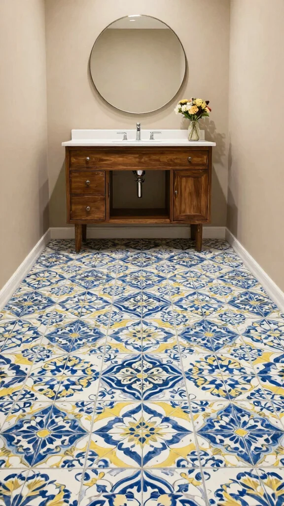 13 Restroom Floor Tile Ideas for Every Style and Budget - 5. Patterned Cement Tiles for Artistic Flair 1