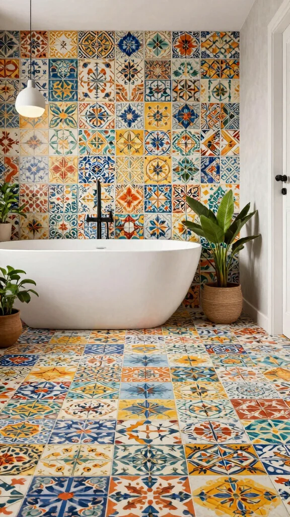 14 Bathroom Tile Design Ideas: From Bold Patterns to Classic Neutrals - 12. Colorful Cement Tiles 1