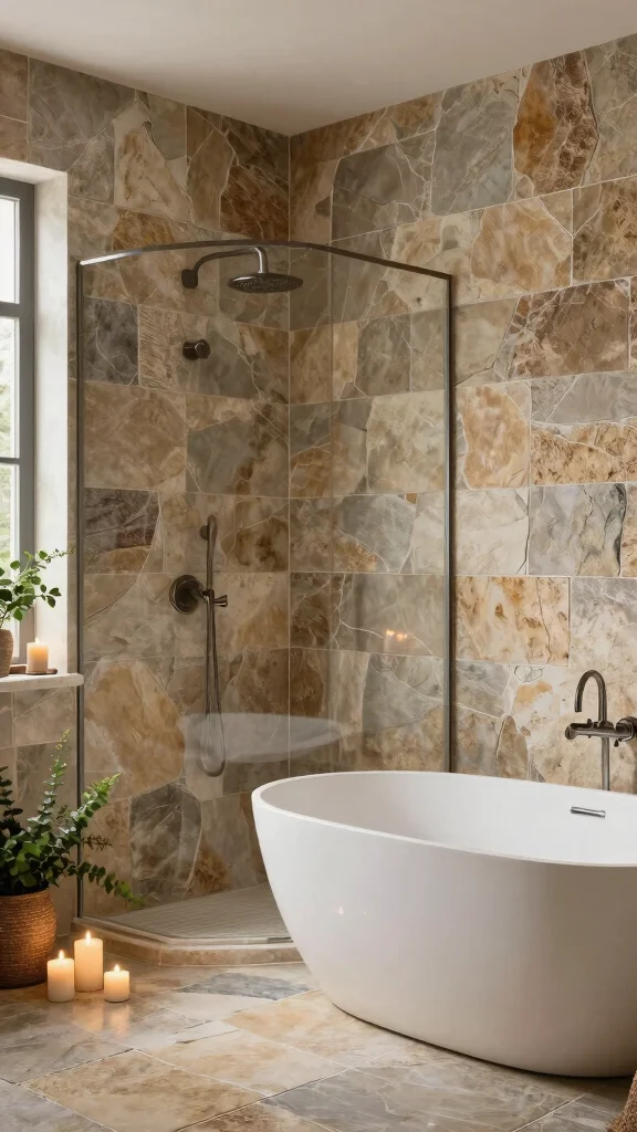 14 Bathroom Tile Design Ideas: From Bold Patterns to Classic Neutrals - 7. Nature-Inspired Stone Tiles 1