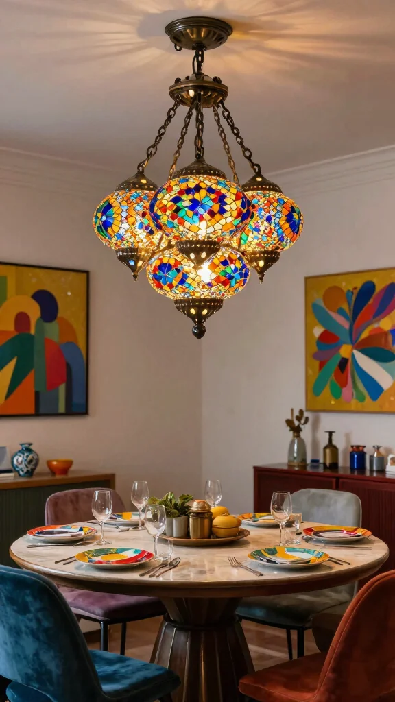 14 Dining Room Chandelier Ideas for Every Ceiling Height and Style - 10. Colorful Mosaic Chandelier for a Playful Touch 1