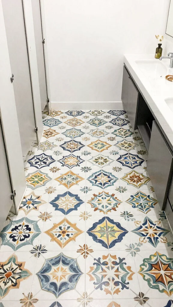 14 Eco-Friendly Restroom Tile Ideas for Walls, Floors, and Accent Niches - 10. Patterned Vinyl Tiles 1