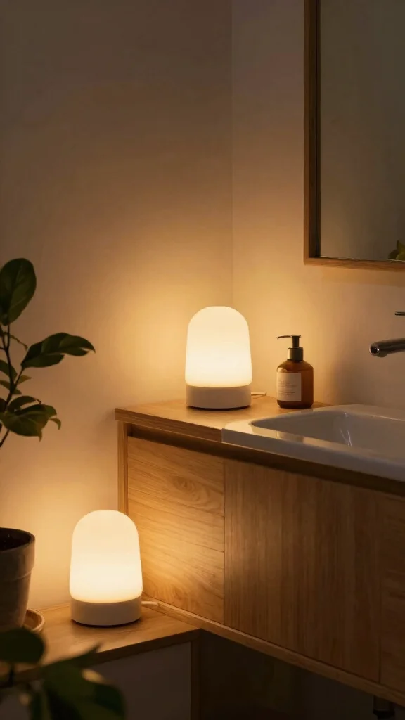 14 Restroom Lighting Ideas for a Warm and Flattering Glow - 10. Soft Battery-Operated Lights for Flexibility 1