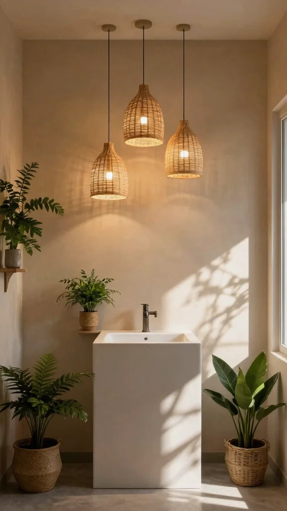 14 Restroom Lighting Ideas for a Warm and Flattering Glow - 3. Nature-Inspired Pendant Lights 1