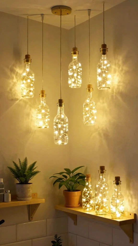 14 Restroom Lighting Ideas for a Warm and Flattering Glow - 7. Upcycled Bottle Lights for a Unique Touch 1